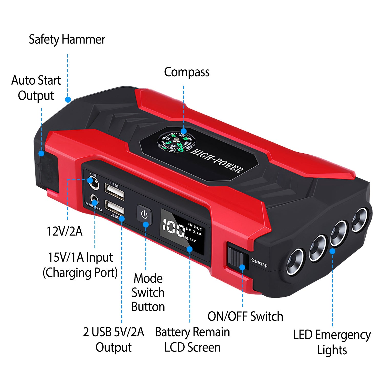 Car Jump Starter 800A – 28000mAh Portable Power Bank with LED Flashlight